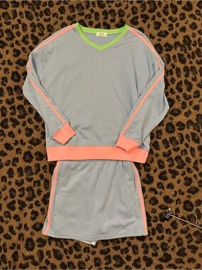 XOXO Pastel Blue Sweat Set with Pink Trim and Lime Neckline